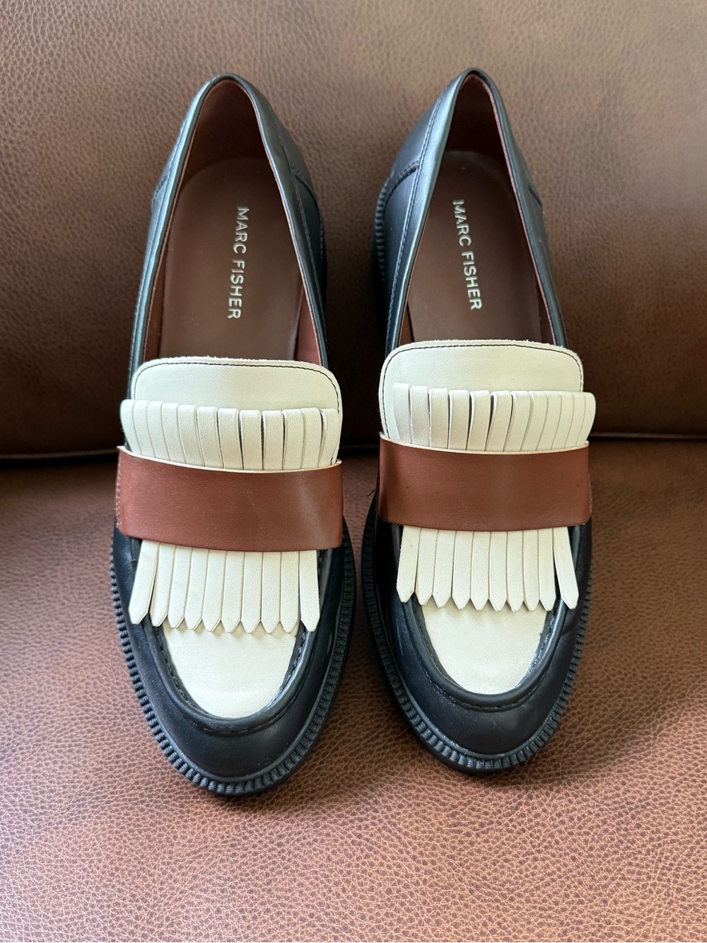 Marc Fisher Women's Black, Cream & Brown Kiltie Fringe Loafers - Picture 6 of 8